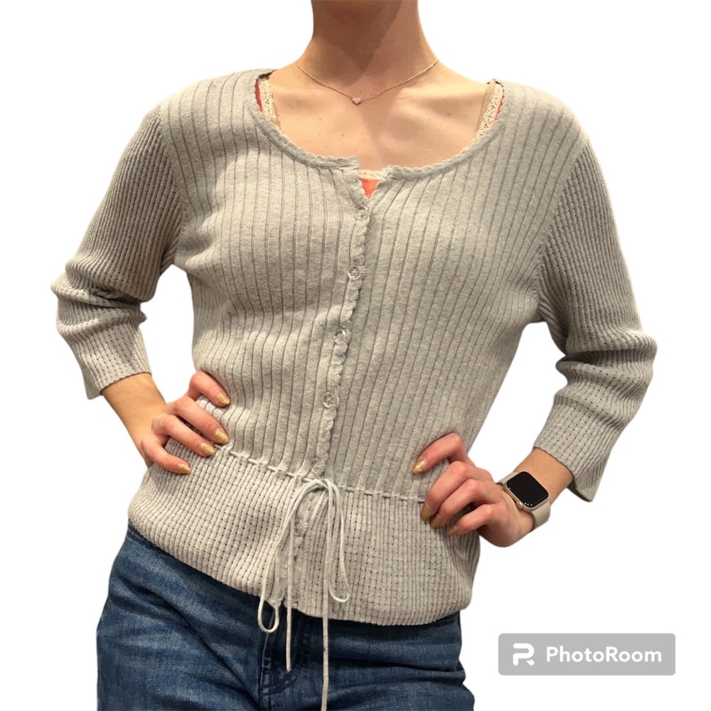 gray coquette cardigan button up ribbed